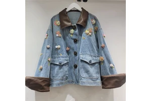 New Innovation Autumn Winter Women's Retro Floral Beaded Denim Loose Fit Slimming Short Jacket