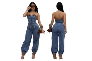 2026 Casual Strapless Denim Sets with Leather Patchwork Women's Single Breasted Crop Top and Long Pants Two Pieces Denim Suit