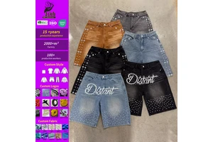 US Free Tax Y2k Custom Distressed Vintage Acid Wash Screen Print Rhinestone Straight Leg Jorts Jeans Baggy Men Denim Shorts Men