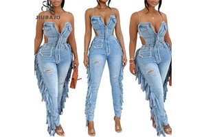 Side Tassel Holes Camisole Denim Jumpsuits Zipper Strapless Spaghetti Straps Backless Stretch Jeans Overalls