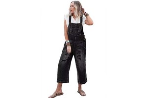 Women's Autumn Casual Style Washed Flat Jumpsuit High Waist Distressed Bib Pocket Wide Leg Solid Print Denim Overall