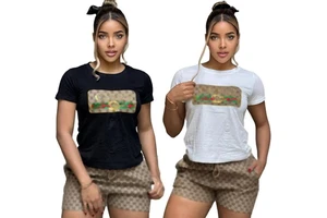 Luxury Women's Two Piece Casual Shorts Set Above Knee Length Summer Short Sleeve 100% Cotton