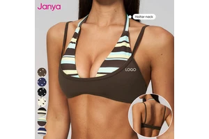 Janya Sexy Backless Halter Neck Color Block Sports Bra 2 in 1 Open Back Removable Pads Quick Dry Yoga Fitness Bras for Women