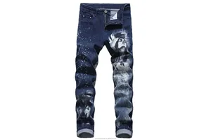 Denim Unique Custom Print Slim Straight Leg Plus Size Men's Blue/White Breathable Washable Spring Jeans with Button Detail