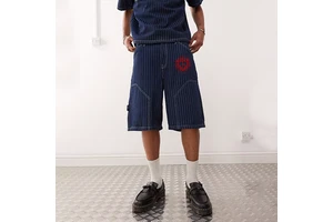 DiZNEW Men's Denim Shorts Custom High Quality 100 Cotton Casual Loose Striped Print Jean Shorts