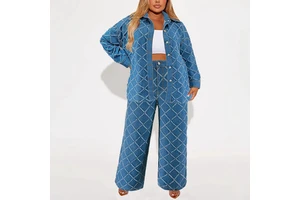 Women's High Quality Plus Size Eco-Friendly Breathable Denim Sets Long Sleeve Autumn Jacket and Jeans Pants Two Piece Set