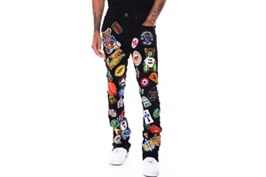2023 New Arrival AeeDenim Custom Men's Full Patch Stretch Black Wash Straight Fit Denim Jeans Men Long Pants