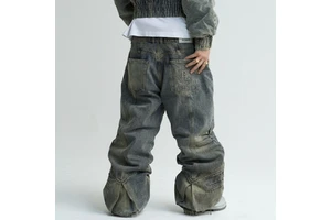 DiZNEW Vintage Washed Baggy Denim Jeans Mens Loose Fit Wide Leg Stacked Embossed Streetwear Logo Pocket Jeans