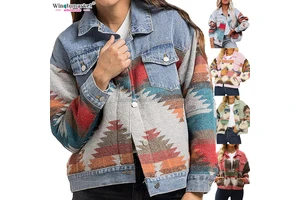 Custom Acid Wash Jean Woman Jackets Button Down Ladies Long Sleeve Warm Aztec Shacket Cropped Denim Jacket for Women