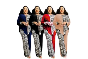 Elegant Leopard Print Bat Top Pants Suit Plus Size Women's Dresses Autumn Collection Made Polyester Adult Size Natural Women