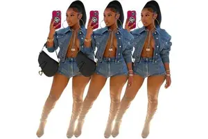 INS Hot OEM Winter Denim Jeans Fall Jackets Sets Denim Jeans Two Piece Sets Clothing 2 Piece Jean Jacket Sets for Ladies Women