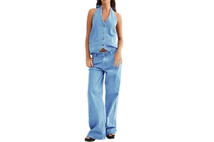 New Stylish Women's Spring Summer Two-Piece Denim Set Breathable Quick Dry Sleeveless Plus Size Skinny Fit Casual Suit Button