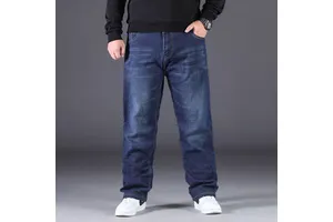 Plus Size Men's Loose Straight Mid Waist Dark Wash Stretch Fleece-lined Synthetic Blended Fabric Patches Extra Large Jeans