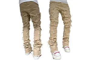 New Arrival Men's Black Stacked Jeans Ripped Jeans Patch Distressed Destroyed Denim Trousers Street Wear Men Pants Hip Hop