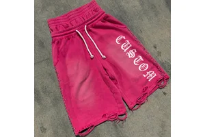 Custom Summer Plus Size Baggy Jogger Rhinestones Short Men's French Terry Distressed Raw Hem Short Double Waistband Shorts