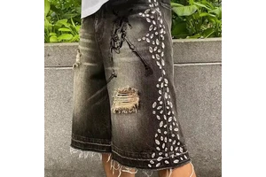 Wholesale Vintage Distressed Hommes Short Tassel Loose Fit Washed Men Jorts Cut Edge Straight Summer Casual Men's Denim Shorts