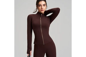 New Women's Slim Fit Solid Breathable Plus Size Yoga Top Front Logo Long Sleeve Finger Sleeves Stand Collar High-End Yoga Wear