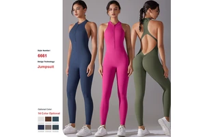 Solid Color High Strength Tight Sports Backless Long One-Piece Yoga Clothes Gym Running Fitness Sports Jumpsuit for Women