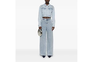 Women's Jeans Straight Loose Fit Vintage Wash Full Rhinestone Bling Street Wear Style Casual Mid Waist Look Jeans Women