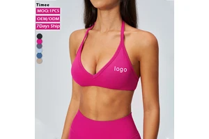 Seamless Breathable Four-Way Stretch High Support Yoga Sports Bra Deep V Neck Halter Open Back Removable Padded Workout Gym Top