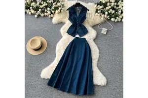 Ladies Dress Denim Suit Set: Sleeveless Button-Up Shirt With Pleated Waist + High-Waist A-Line Skirt Ladies 2 Piece Set