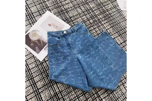 High-quality Custom Women's Laser Printing Loose Straight Denim Jeans Pants Mid-Waisted Washed Casual