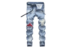 Fashion Plus Size Jeans Men Stretch Slim Ripped Denim Pants Light Blue Trousers Male Motorcycle Pants Men's Jeans B827