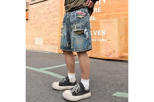 Wholesale OEM Custom Men's Graffiti Print Jean Shorts Distressed Ripped Denim Jorts Baggy Fit Streetwear Summer