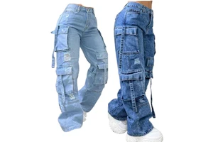 S-3XL Women's 90s Y2K Vintage Wide Leg Mom Jeans High Waist Casual Streetwear with Big Pocket Cargo Pants Boyfriend Style Denim
