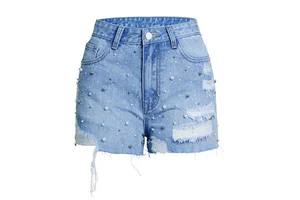 Direct Summer Wholesale High Quality Fashion Women's Denim Shorts Pop Rhinestones Raw Edge Skinny Design Everyday Use Vacation