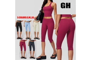 GH Summer New Style Workout Yoga Leggings Nylon Spandex Activewear Cropped Pants Low Waist Women Capri Leggings with Side Slits
