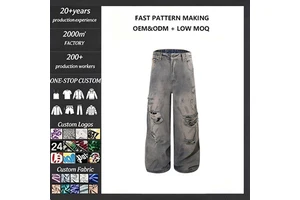 Men's Ripped Denim Pants American High-Street Style, Ink-Splatter Print, Casual Wide-Leg Trousers CYJP-2610522