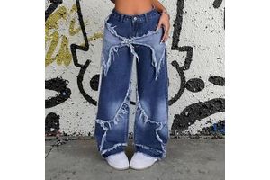 High Quality Woman's Baggy Wide Leg Jean Pant Breathable Distressed Washed Frayed Applique High Street Style Loose Fit Waist