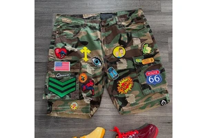 Summer Hotfix Rhinestone Streetwear Vintage Camouflage Men's Denim Shorts Custom Anime Embroidery Hand-Distressed