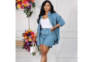 Full Sleeve Jacket Ladies Women Sets Straight Pants Denim 2 Piece Shorts Set Lady Outfits Women's Suits