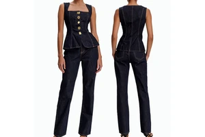 Women's 2 Piece Denim Matching Set Peplum Corset Top High Waist Straight Leg Pants Jeans Co-ord Suit Lady Elegant Outfits 2026