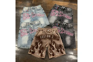 Custom Summer Cotton Vintage Jean Shorts Jorts Mid Waist Acid Wash Casual Distressed Streetwear Rhinestone Denim Shorts Men