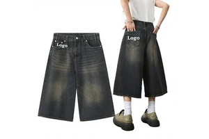 Custom Men's Baggy Jorts Summer Streetwear Vintage Short Pants Black Shorts Men Fashion Causal Denim Jeans Shorts Print Loose