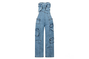 Women's Strapless Denim Cargo Jumpsuit Multi Pocket Wide Leg Tube Top Overall