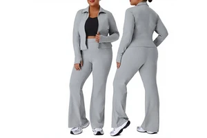 Autumn Winter Plus Size Foreign Trade Sports Suit Women's Slim-fit Stand-up Collar High-elastic Hip-lifting Full-Length Flared