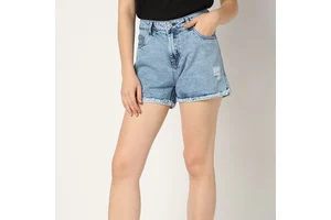 Women's High Waist Denim Shorts Distressed Wash Button Fly Casual Style Regular Fit With Pockets Light Blue Color