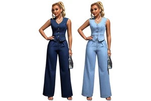 2026 New Fashion Casual Denim Two Piece Sets Women Denim Top and Pants Sleeveless Denim Suit for Women
