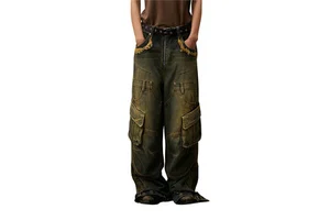 Vintage Men's Cargo Pants Loose Pockets Custom Men Baggy Denim Casual High Quality Jeans for Men