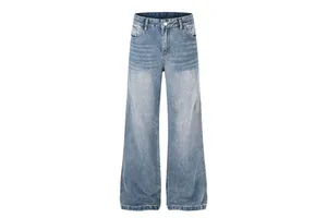 High-Street Unisex Premium Washed Denim Mid Waist Cat-Whisker-Detail Jeans Straight-Leg Tapered Trousers Breathable Casual Pants