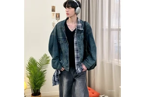 Men's Casual Denim Jacket Plaid Irregular Stitching Two-piece Design Loose and Fashionable Style Quick Dry Spandex/Cotton Autumn