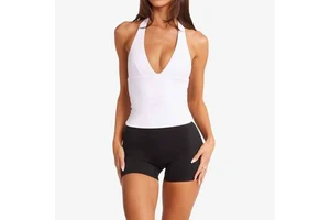 OEM Custom Logo Deep V Neckline Halter Sleeveless Slim Fit Stretchy Yoga Workout Casual Daily Athletic Sling Women's Tank Top