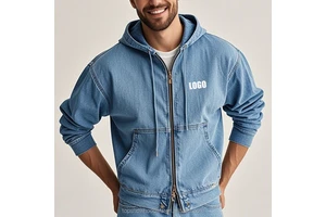 OEM Custom Wholesale Jean Washed Oversized Baggy 100% Cotton Zip Up Jacket Boxy Fit Denim Hoodie For Men
