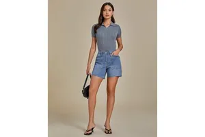 2025 Women's Trendy Mid Rise Casual Summer Denim Jean Shorts Skinny Fit Distressed Cut off with Button Decoration Pockets