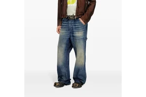 Men's Vintage Washed Denim Straight Oversized High Street Trousers Mid Waist Crystal Hole Solid Distressed for Autumn for Winter