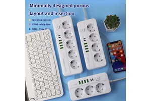 EU Schuko Power Strip With USB A Type C Fast Charging Child Safety Door 16A Master Switch Multi Outlet Cord For Home Office